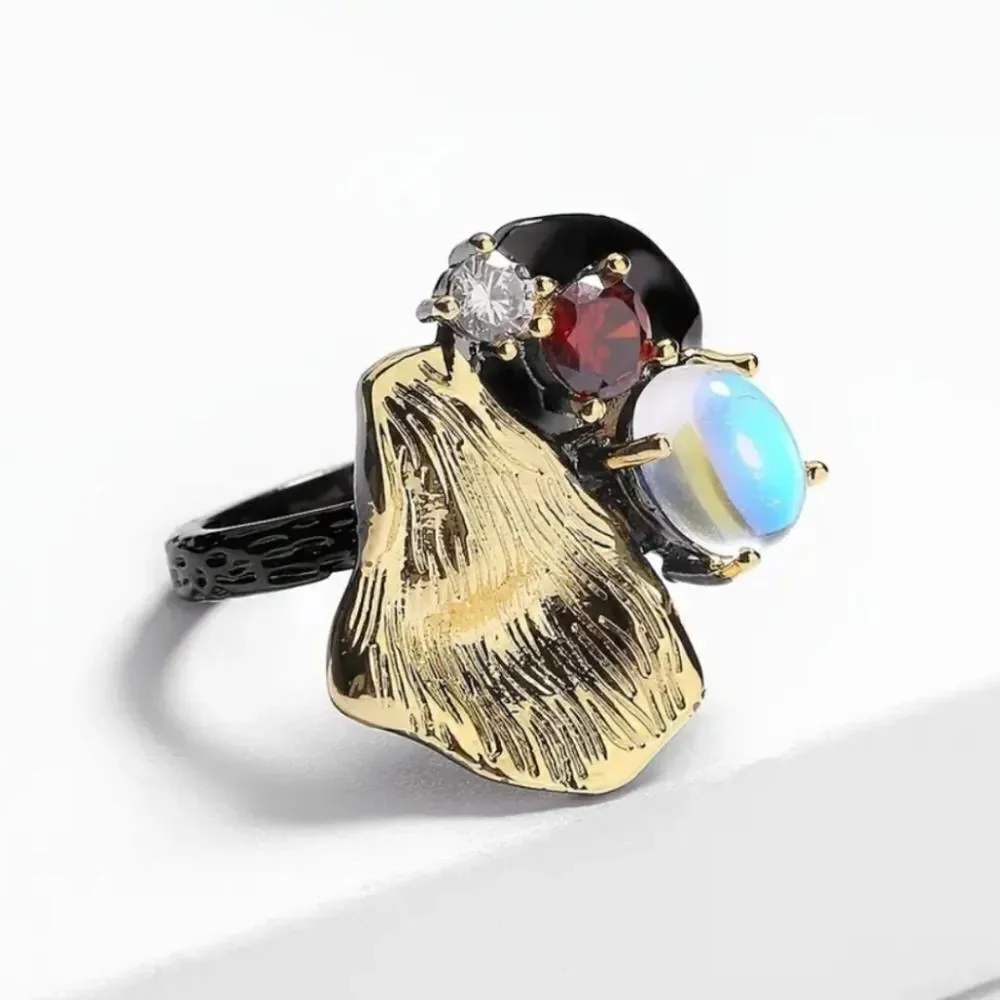 925 Hand crafted Gothic Black Moonstone Zircon Ring unisex